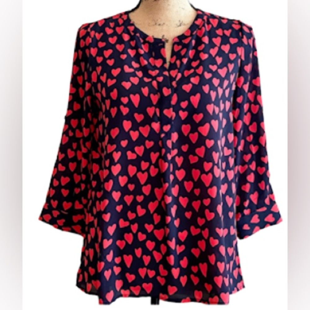 ❤️Heart Blouse Navy/Red with ¾ Sleeves Francesca’s Sz S